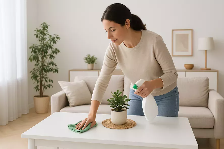 “Person städar och organiserar hem i ljus och harmonisk miljö – symboliserar feng shui-inspirerad städning för balans, energi och lugn i bostaden”